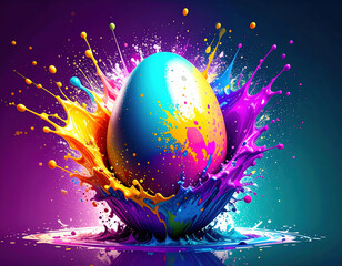 Vibrant Easter egg surrounded by splash of colorful paint creates stunning visual display, showcasing creativity and joy. dynamic colors evoke sense of excitement and celebration
