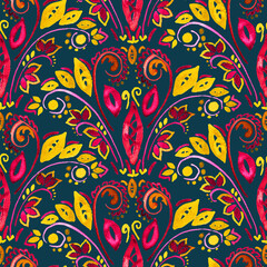 Seamless watercolor pattern. Bright ethnic floral ornament. Folk-inspired print for fabric and paper. Hand-drawn decorative texture.