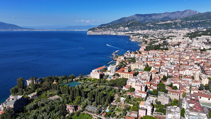 Fototapeta premium Sorrento Skyline At Naples In Campania Italy. Beach Landscape. Tourism Landmark. Sorrento Skyline At Naples In Campania Italy. Historical Cityscape. Gulf Of Salerno Skyline. Mediterranean Sea.
