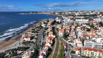 Obraz premium Cascais Skyline At Cascais In Lisbon District Portugal. Beach Landscape. Tourism Landmark. Cityscape Aerial View. Cascais Skyline At Cascais In Lisbon District Portugal. 