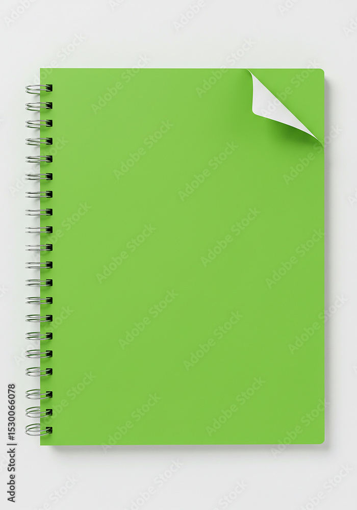 Poster green notebook with spiral binding and curled corner