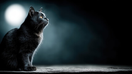 Black cat sitting on stone surface under full moon, night sky background, mysterious and calm atmosphere, feline gazing upward, soft moonlight highlights fur