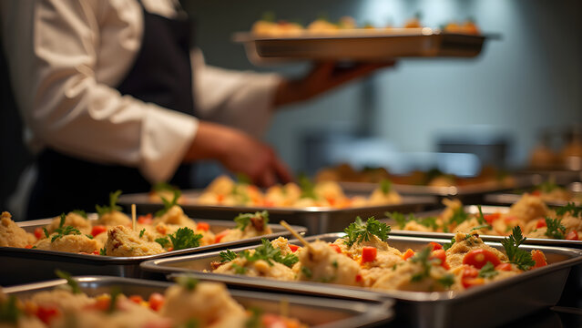 Chef preparing food trays for catering event in restaurant kitchen