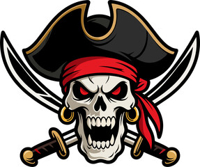 Angry Pirate Skull Vector Illustration with Swords, Red Bandana and Tricorn Hat