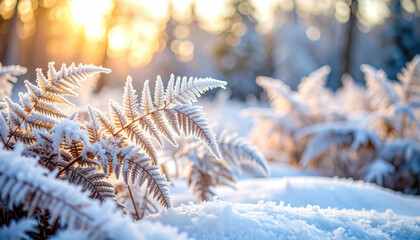 Frost covered fern leaves in snowy winter forest at sunrise, with soft sunlight creating peaceful and serene atmosphere, highlighting delicate ice crystals on plants