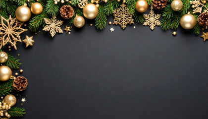 Christmas decoration gold pine ornament festive holiday background celebration winter Christmas decoration with gold ornaments pine branches and festive elements black background creating joyful