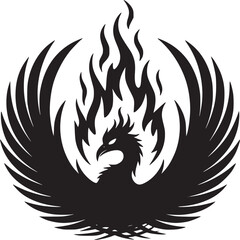 A black phoenix with outstretched wings and flames rising above its head on a white background