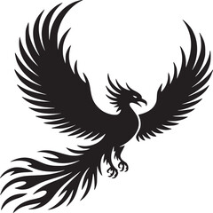 A black silhouette of a phoenix with wings spread and tail feathers on a white background in a minimalist style