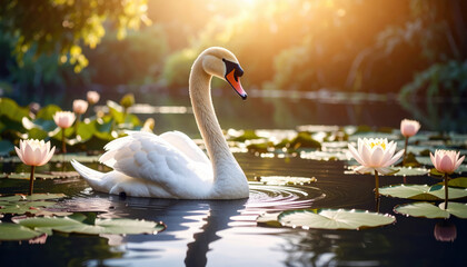 Elegant white swan gliding gracefully on tranquil pond surrounded by blooming pink lotus flowers and green lily pads, with warm sunlight creating peaceful, serene atmosphere