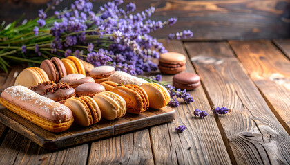 Assorted macarons, eclairs, and pastries arranged on wooden board with lavender flowers in background, creating rustic and elegant dessert scene