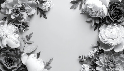 White peony, rose, and dahlia flowers with green leaves form soft, elegant floral frame on light background, creating romantic and peaceful border for text or design