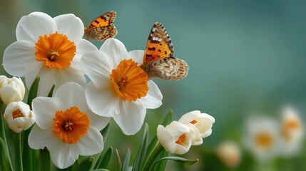 Butterflies resting on white narcissus flowers with orange centers in spring garden, close-up macro, natural blurred background, fresh floral scene, nature pollinator concept