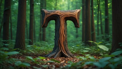 Wooden Letter T Sculpture in Lush Green Forest - Nature Art, Alphabet Design, Unique Typography, Environmental Concept, Forest Background, Creative Image