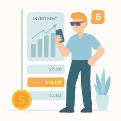 Flat Style Man Analyze Investment Data on Mobile Phone Illustration