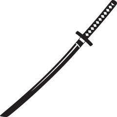 A black and white graphic illustration of a katana sword with a diamond pattern on the handle grip
