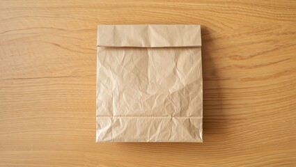 Brown Paper Bag on Wooden Table - Grocery, Lunch, Takeaway Packaging, Rustic Background, Eco-Friendly, Sustainable, Copy Space, Food Delivery, Craft
