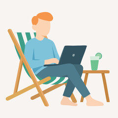 Fototapeta premium Flat Style Illustration Man Working on Laptop Relaxing on Beach Chair