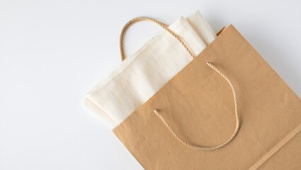 Brown Paper Bag with White Cotton Fabric Inside on White Background - Eco-Friendly Shopping, Sustainable Lifestyle, Top View, Minimalist Style