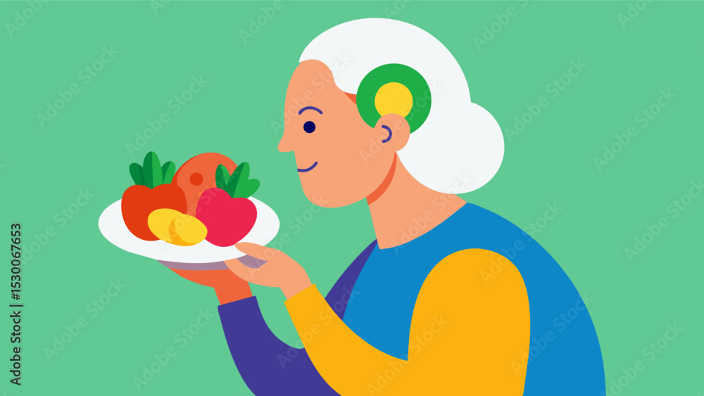 Poster an image of an elderly person taking a bite out of a colorful plate of fruits and vegetables emphasi