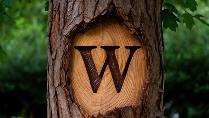 Carved Letter W in Tree Trunk: Rustic Wood Texture with Green Foliage Background - Nature Inspired Alphabet Symbol for Branding & Design