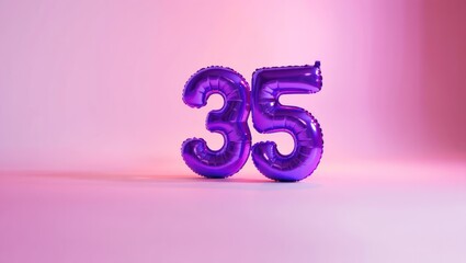 Celebrating 35 Years: Shiny Purple Number Balloons on a Pink Gradient Background for Anniversary, Birthday, or Special Occasion Party Decoration
