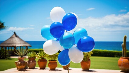 Celebration Balloons by the Sea: Blue, White Balloons Against Ocean Backdrop for Party, Birthday, or Summer Event - Tropical Resort Setting