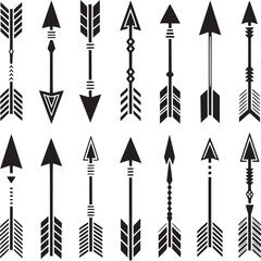 Collection of black and white arrows with different designs and patterns pointing in various directions