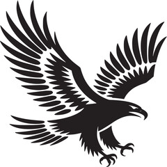 A bold black and white graphic of an eagle in flight with outstretched wings and sharp talons displayed
