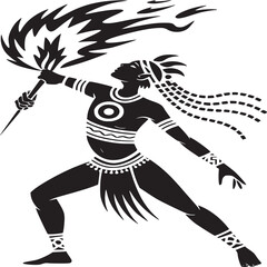 Stylized black silhouette of a tribal figure holding a flaming torch with decorative elements and headdress
