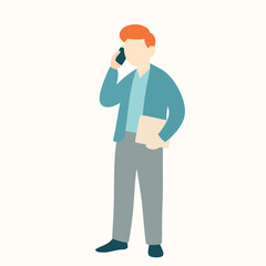 Simple Flat Man Talking on Phone with Document Illustration