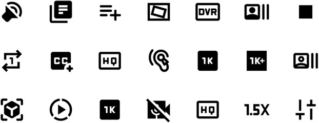 Modern black video player UI icons set on white background, including play button, audio file, resolution labels