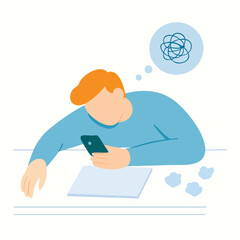 Flat Illustration Stressed Person with Smartphone, Crumpled Paper, and Tangled Thought Bubble