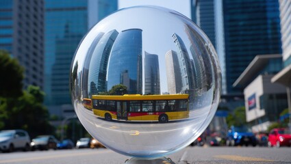 Cityscape Reflection in Crystal Ball: Modern Architecture, Urban Transport, and a Unique Perspective on City Life in a Global Hub