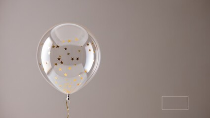 Clear Balloon with Golden Stars Confetti on Beige Background - Celebration, Anniversary, Birthday, Party - Festive Decoration and Copy Space