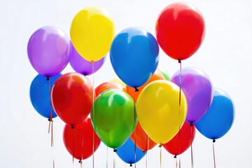 Colorful Balloon Bunch Against Bright Sky: Celebration, Party, Joy, and Festive Occasion Symbolism with Red, Blue, Yellow, Purple and Green Balloons