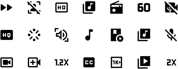 Black and white vector icon set for video editing, featuring film strips, music notes, camera silhouettes, frame size markers, and screen shapes on white background.