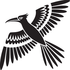 A stylized black and white illustration of a bird in flight with wings spread wide on white background