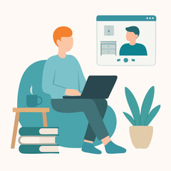 Minimalist Flat Illustration Man Working Remotely on Laptop from Home
