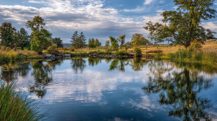 Obraz premium Tranquil pond reflecting clouds and trees in rural landscape