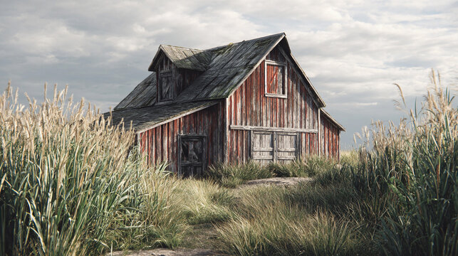 Rustic wooden barn surrounded by tall grass and cloudy sky