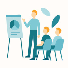 Flat Design Business Presentation People Training with Flip Chart and Pie Chart