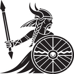 Black and white viking warrior with horned helmet holding spear and round shield in silhouette style