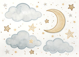 Watercolor illustration of moon clouds and stars on a white background for children decor