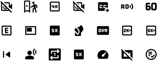 Black and white flat design video editing icons set with play buttons, text boxes, and no symbols on white background, simple vector shapes, high contrast, no shadows or reflections