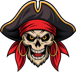 Smiling Pirate Skull Vector with Tricorn Hat, Red Bandana and Gold Earrings