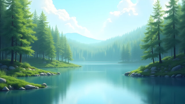 Beautiful landscape of lake in the forest with trees and sky