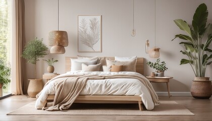 modern bedroom interior with soft colors and natural decor