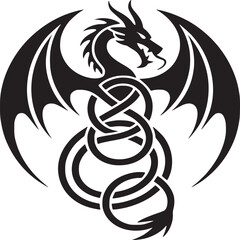 Black dragon with wings wrapped in a celtic knot design on a white background in a graphic style
