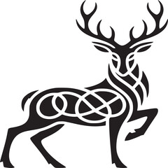 A black and white illustration of a deer with celtic knot designs on its body and antlers visible