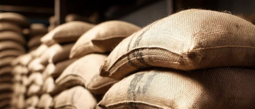 A closeup pan glides over stacked burlap sacks filled with rich brown coffee beans in a dim warehouse. Concept of global agriculture and commodity supply.